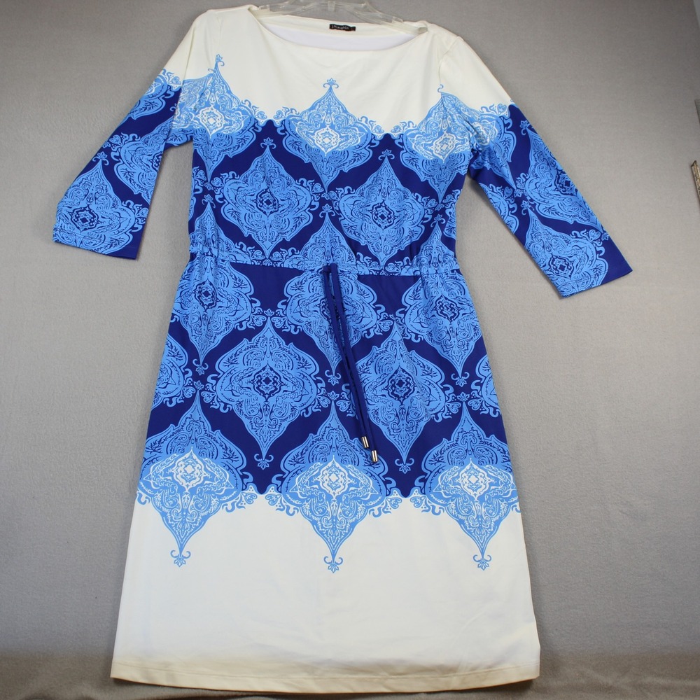J.McLaughlin Dress Womens L Blue White Good Damask Print Drawstring Waist Shift